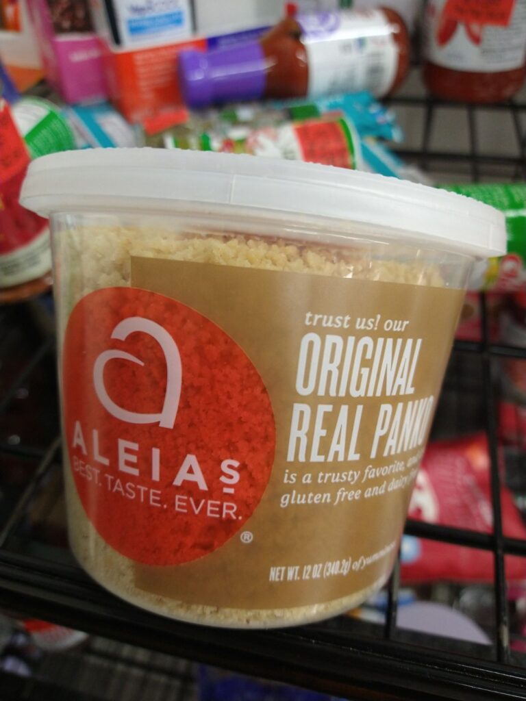 A plastic container of Aleia's Gluten Free Panko breadcrumbs