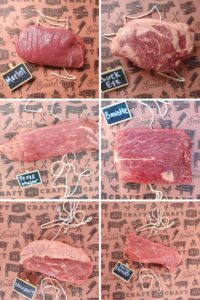 A collage of different steaks on butcher paper.