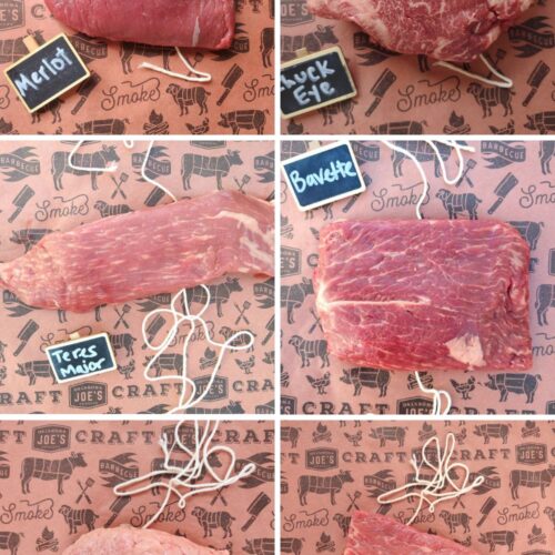 A collage of different steaks on butcher paper.