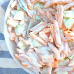 Red Lentil Pasta salad with cucumbers and cubes of sharp cheddar cheese.