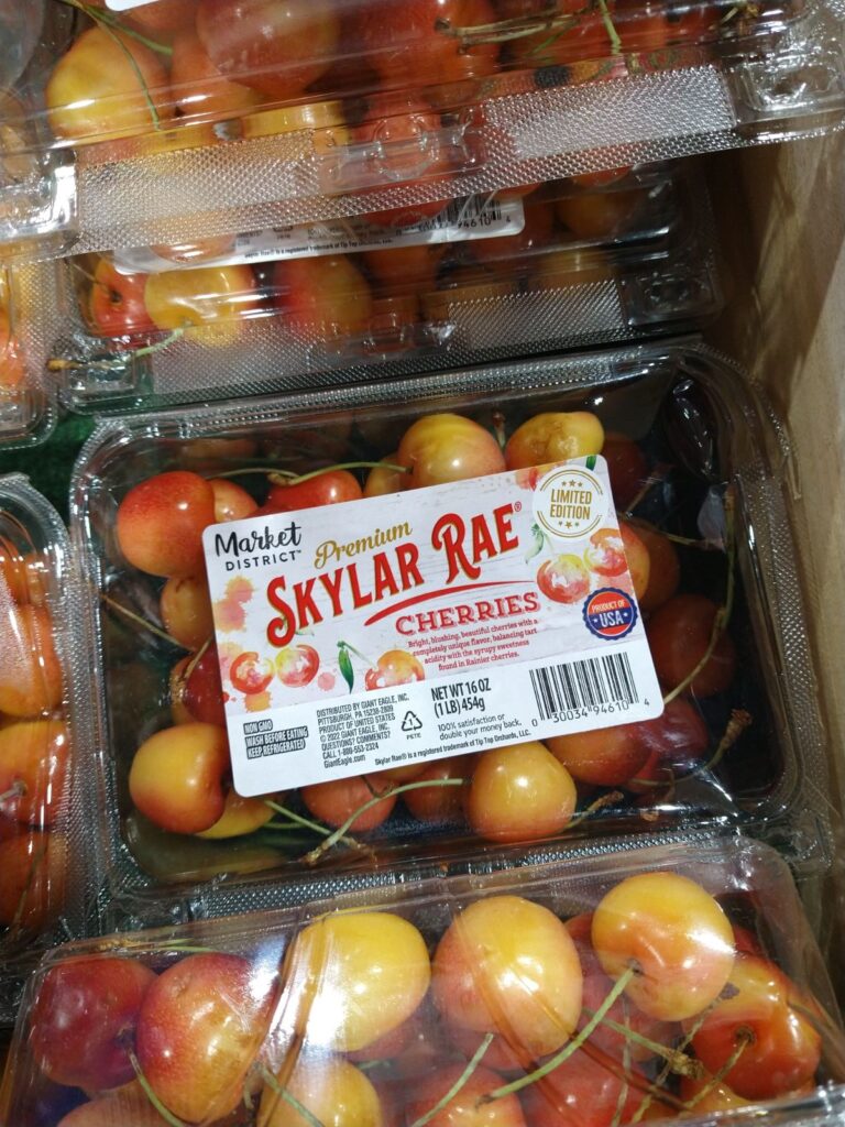 A package of Skylar Rae cherries under the Market District packaging.