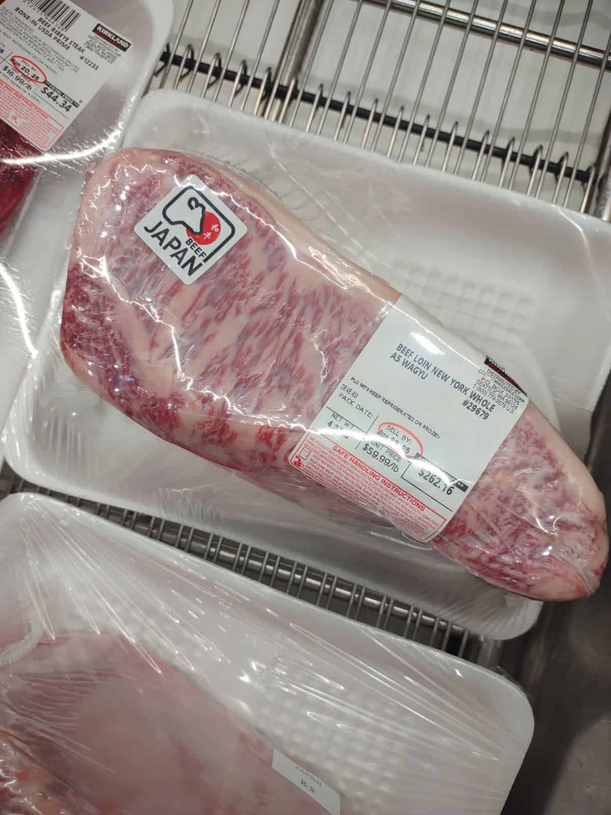 Packages of New York Whole Beef Loin made from Japanese Wagyu beef at Costco.