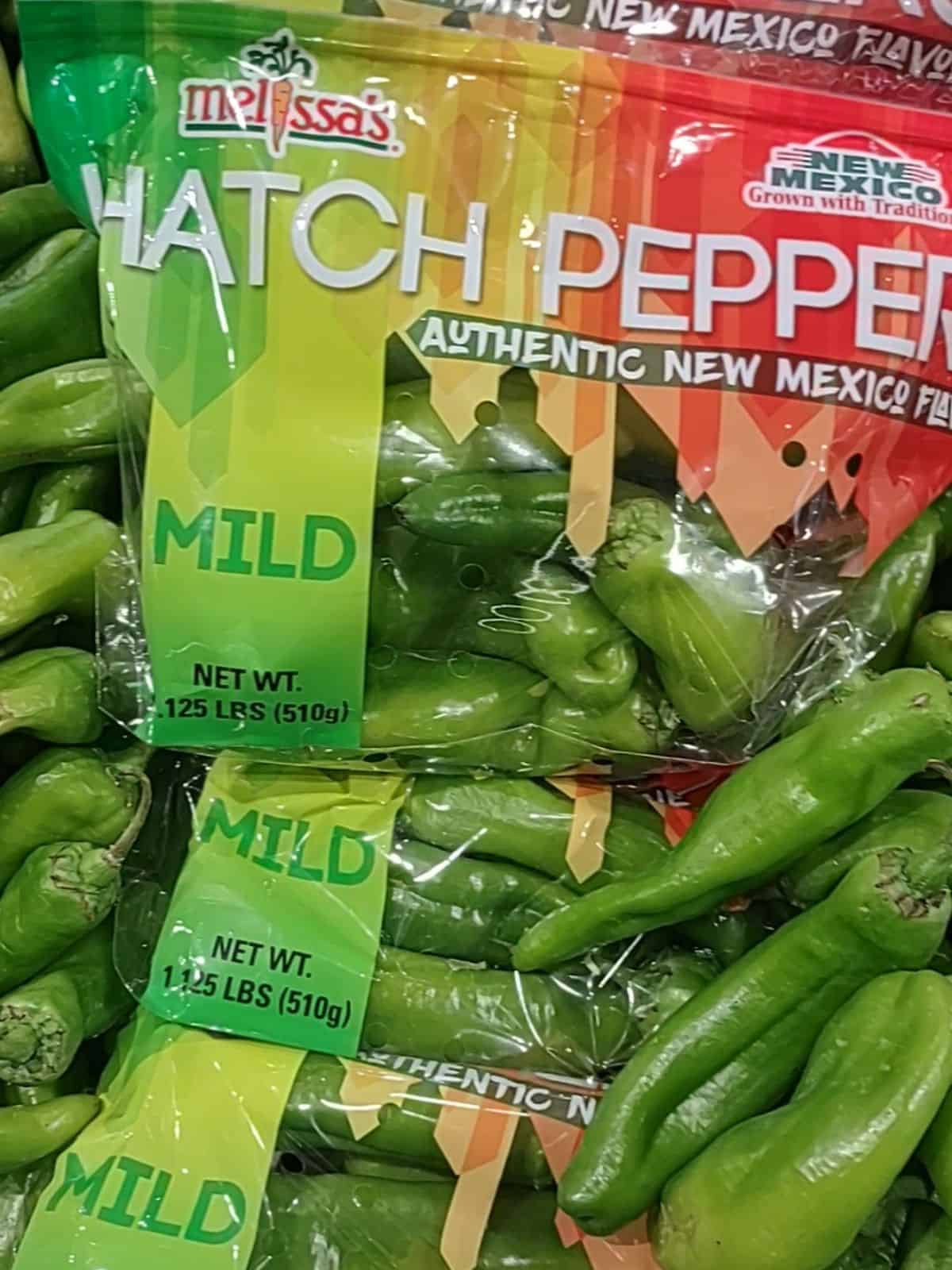 Bags of Mild Melissa's brand Hatch chiles.