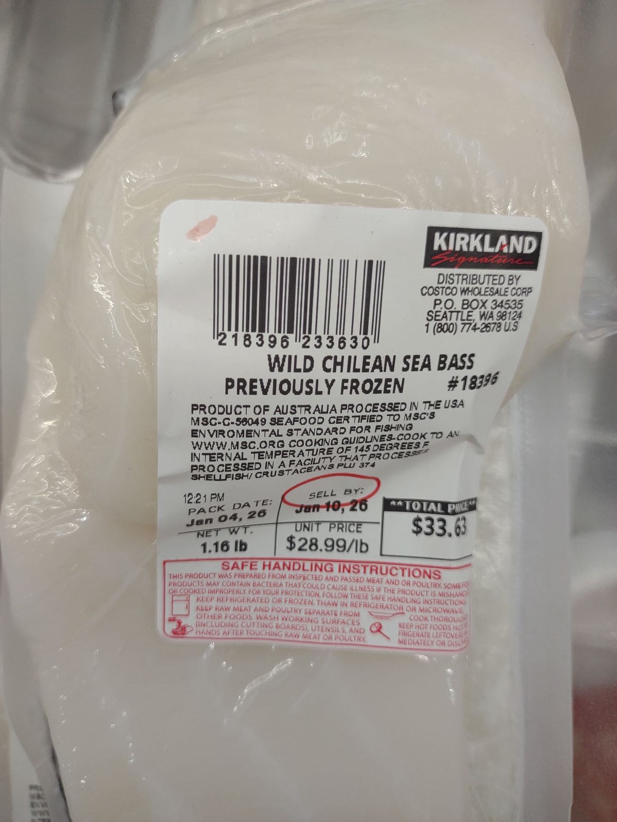 A close up showing the label of a package of previously frozen Wild Chilean Sea Bass at Costco. The label says that is a product of Australia, processed in the USA. It has a MSC certification on it.