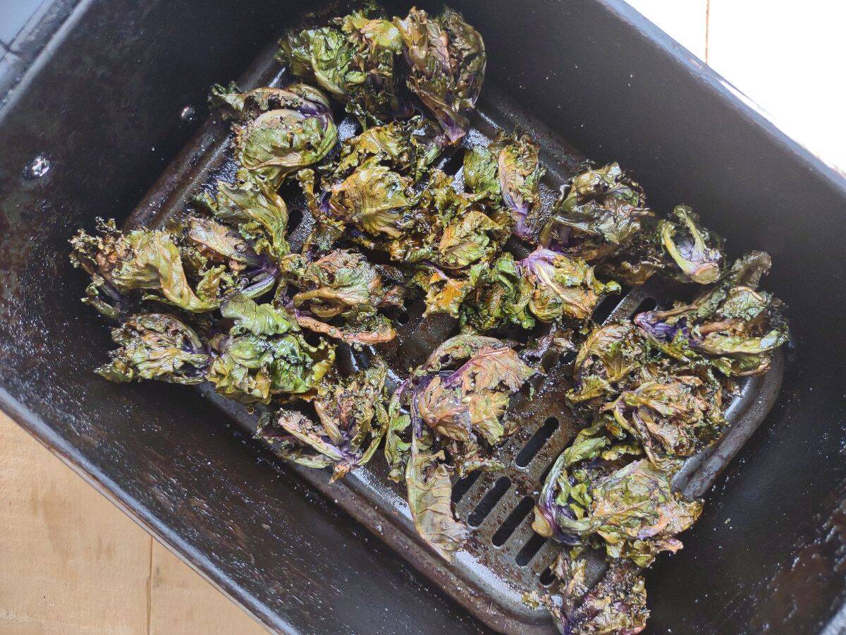 Kalettes in the basket of an air fryer after being cooked until they were crispy.