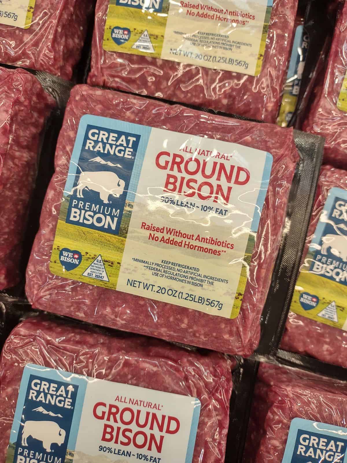Packages of vacuum sealed Great Range 90% Lean, 10% Fat Ground Bison on display at Costco