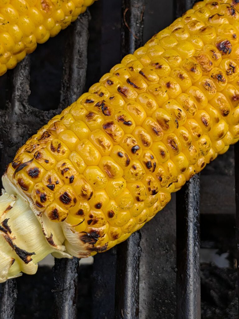 Up close of corn on the cob on the grill that has been charred.