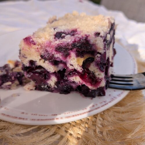 A slice of Alton Brown's Blueberry Buckle coffeecake on a white plate with a black fork.
