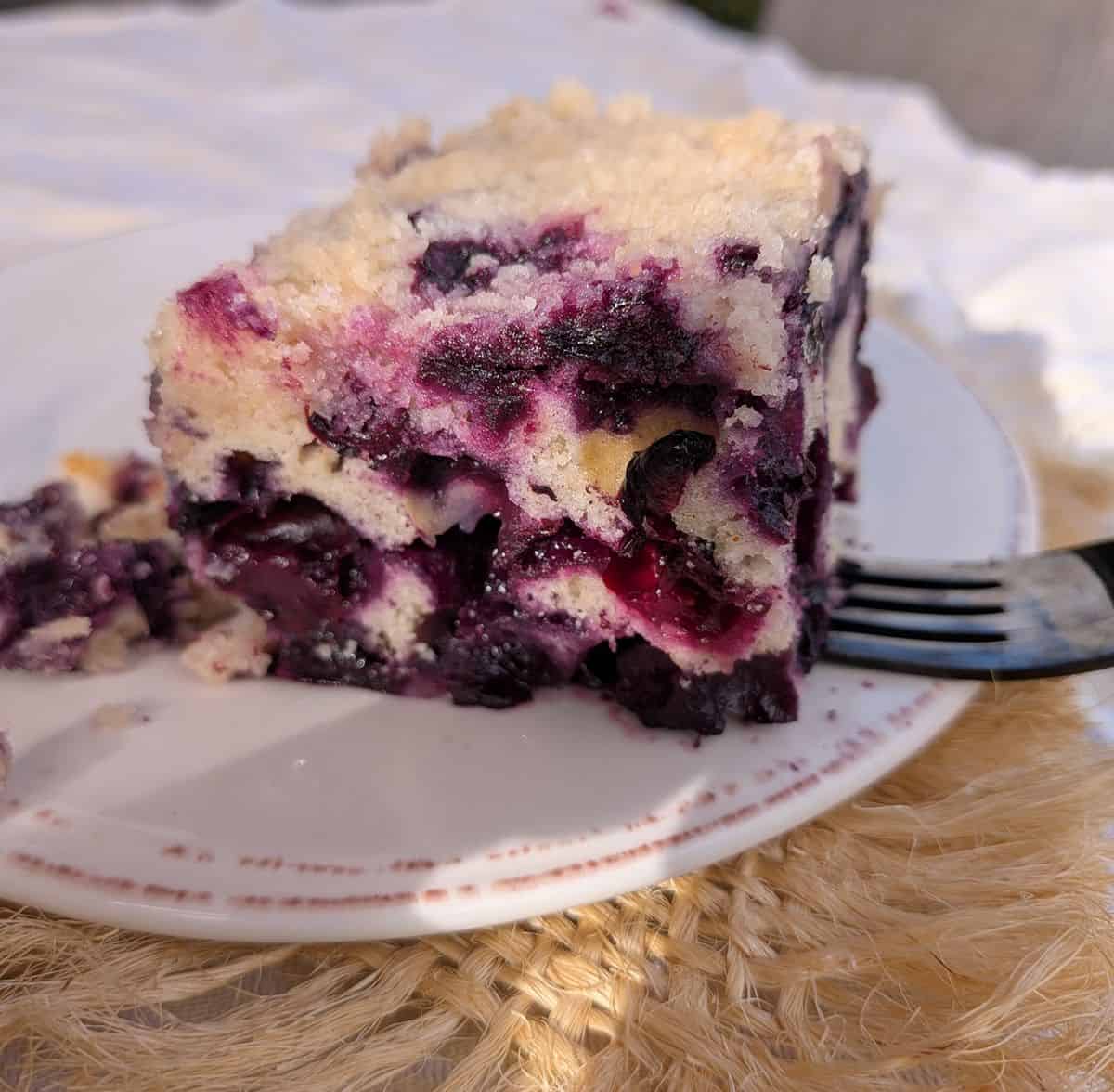 A slice of Alton Brown's Blueberry Buckle coffeecake on a white plate with a black fork.